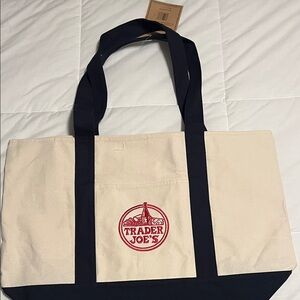 Trader Joe's Large Canvas Tote Bag in Natural with Navy Trim